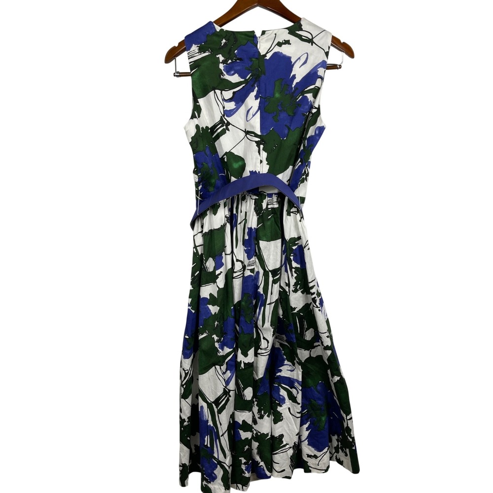 J. Peterman Floral Midi Dress Womens 8 Blue Green White Belted Fit Flare Cotton - Picture 2 of 11